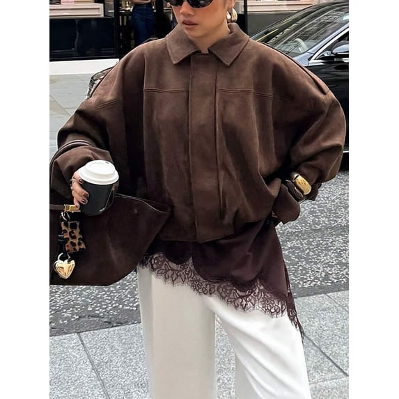 Women Brown Suede Bomber Jacket Relaxed Fit Long Sleeve Zip Front Pocket