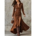 thumbnail image 1 of Women Brown Suede Western Two Piece Outfit Button Down Shirt Ruched High Slit Flowy Maxi Skirt Set, 1 of 5