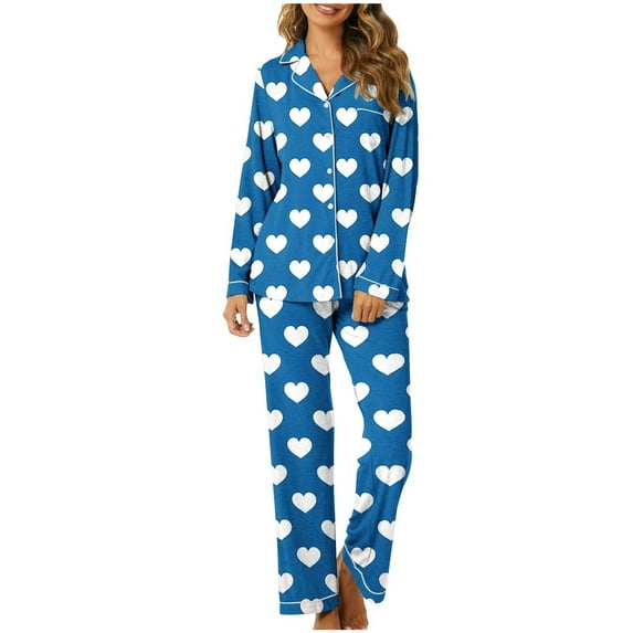 Women Brushed Cotton Pyjamas Set Long Sleeve Button Down Tops Pants Sleepwear Lounge Plus Size Blue XL