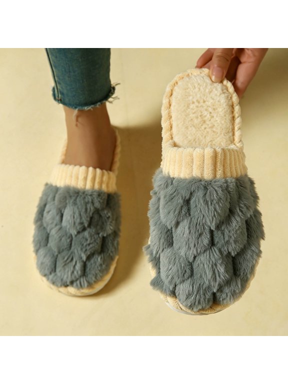 Women Bubble Fuzzy Ribbed Trim Closed Toe Slippers Soft Plush Warm Indoor House Slides Gray 4-5