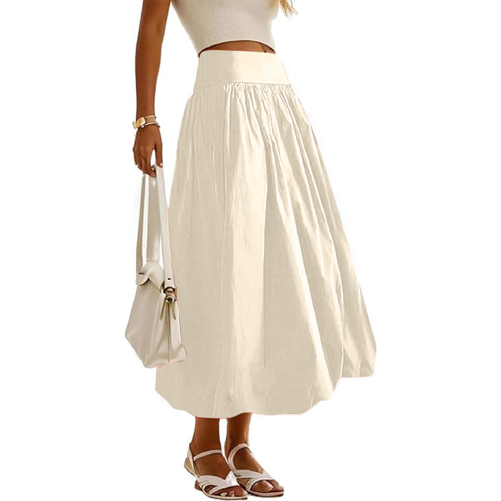 Women Bubble Maxi Skirt Summer Elastic High Waist a Line Long Skirt Casual Ruffle Pleated Midi Half Dress with Pockets Beige S