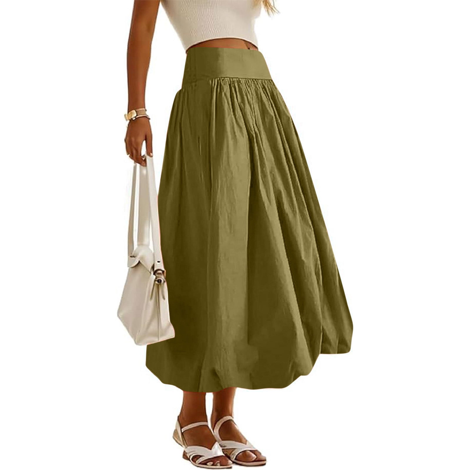Women Bubble Maxi Skirt Summer Elastic High Waist a Line Long Skirt Casual Ruffle Pleated Midi Half Dress with Pockets Green L