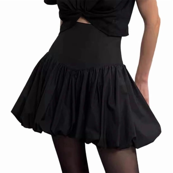 Women Bubble Mini Skirt High Waist A Line Short Skirt Ruffle Hem Slim Fit Skirts Black S