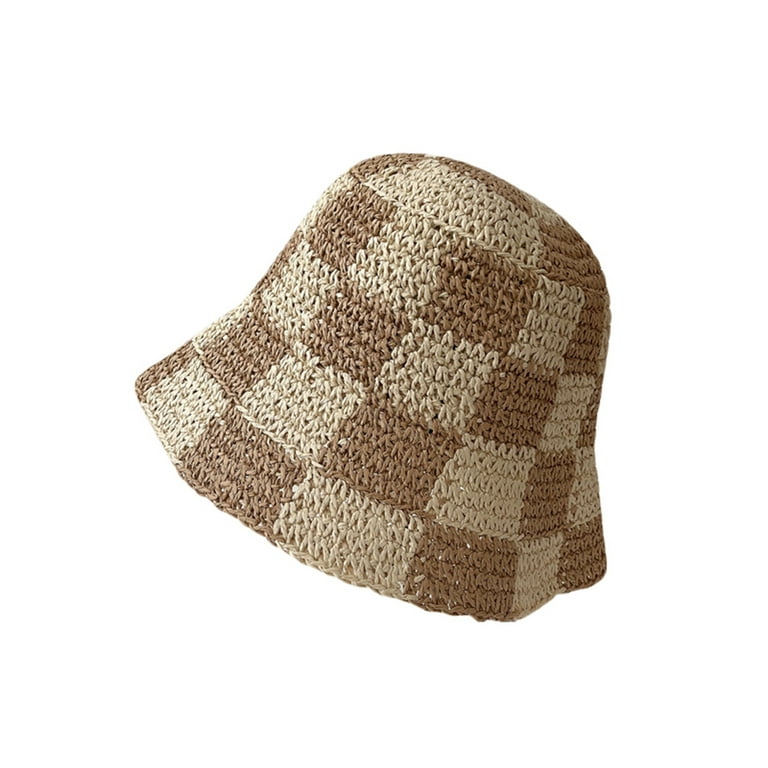 Women Bucket Hat, Plaid Pattern Woven Style Hollow-Out Fisherman Hats