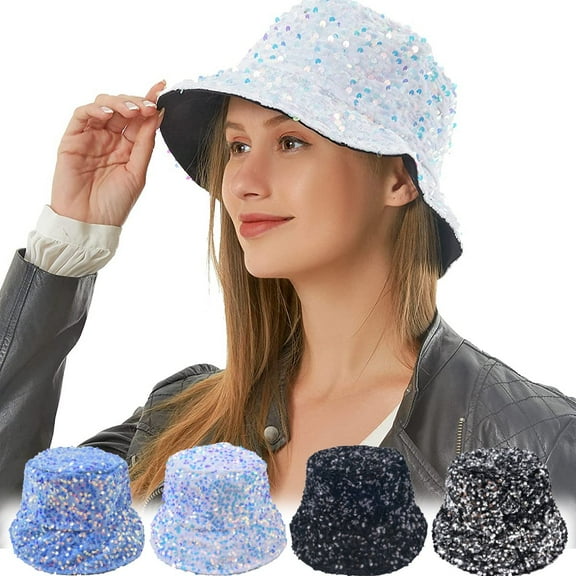 Women Bucket Hat Reversible Double-Side-Wear Shiny Glitter Sequin Sun Cap for Travel Beach Unisex Outdoor