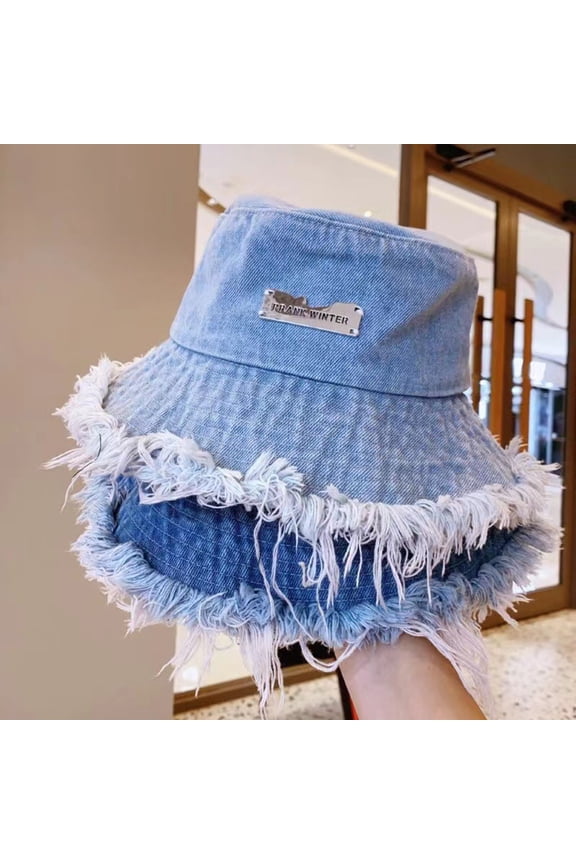Women Bucket Hat Ripped Edge Flat Top Distressed Denim Large Brim Solid Color Tag Decor Lightweight Anti-UV Sun Protection Fisherman Cap for Hiking Outings Traveling
