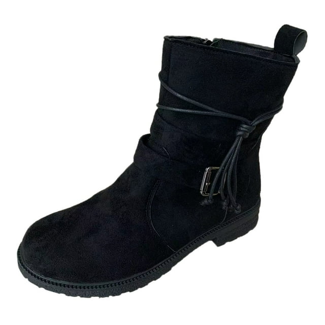 Women Buckle Decor Tie Womens Fall Boots Side Faux Suede Boots Women