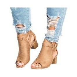 Women Buckle Peep Toe Low Block Heel Ankle Booties Boots Sandals Shoes Size Walmart