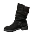 thumbnail image 1 of Women Buckle Strap Ruched Mid Calf Boots Faux Suede Solid Color Round Toe Block Mid Heel Winter Casual Boots Indoor Outdoor Daily Wear US Size 5 To 9 Black, 1 of 8