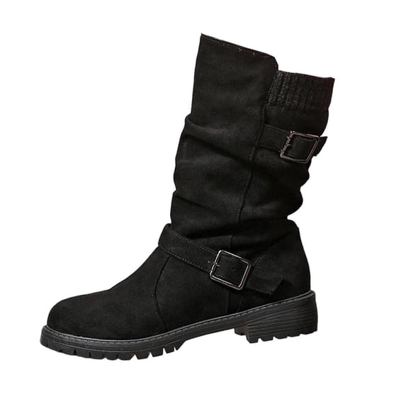 Women Buckle Strap Ruched Mid Calf Boots Faux Suede Solid Color Round Toe Block Mid Heel Winter Casual Boots Indoor Outdoor Daily Wear US Size 5 To 9 Black