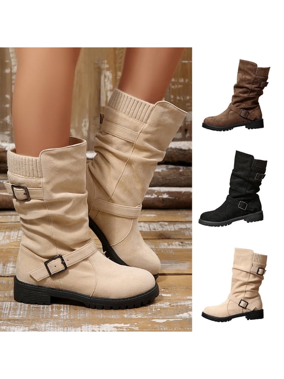 Women Buckle Strap Ruched Mid Calf Boots Faux Suede Solid Color Round Toe Block Mid Heel Winter Casual Boots Indoor Outdoor Daily Wear US Size 5 To 9 Brown