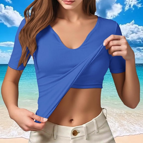 Women Built-in Bra T Shirt Top Slim Fit Short Sleeve V Neck Basic Tees Casual Athletic Fitted Going Out Tops
