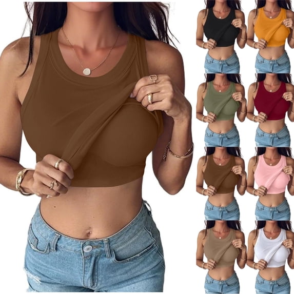Women Built-in Bra Tank Tops Sleeveless Casual Shirts Racerback Ribbed Fitted Tank Tops,Brown XL