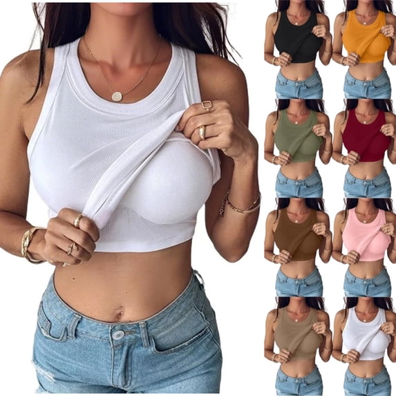 Women Built-in Bra Tank Tops Sleeveless Casual Shirts Racerback Ribbed Fitted Tank Tops,White S