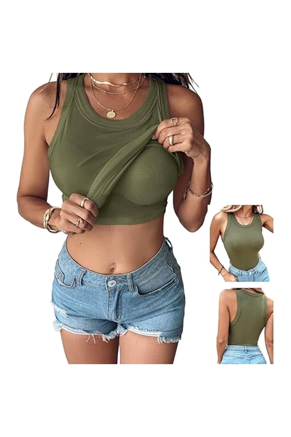 Women Built-in Bra Tank Tops Sleeveless Casual Shirts Racerback Ribbed Fitted Tank Tops