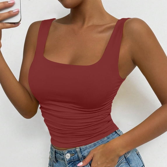 Womens Tank Tops Summer Square Neck Sleeveless Rib Knit Shirts Slim Fit Basic Tee Tops Wine M