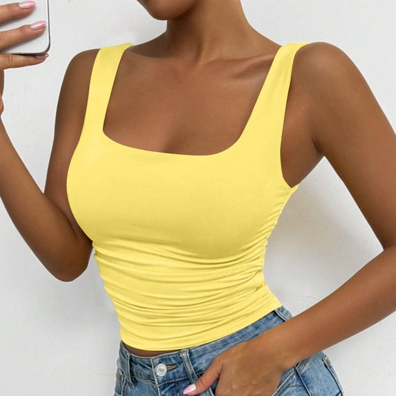 Womens Tank Tops Summer Square Neck Sleeveless Rib Knit Shirts Slim Fit Basic Tee Tops Yellow S