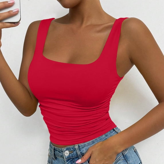 Womens Tank Tops Summer Square Neck Sleeveless Rib Knit Shirts Slim Fit Basic Tee Tops Red L