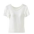 thumbnail image 1 of Women Built-in Bra Tshirts Short Sleeve Casual Tops with Padded Bra Round Neck Slim Fitted Basic Tees, 1 of 3