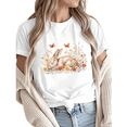 thumbnail image 1 of Women Bunny Floral Garden Graphic Fun Tees Tops Round Neck Cotton T-Shirt White S-5XL, 1 of 5