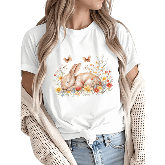 Women Bunny Floral Garden Graphic Fun Tees Tops Round Neck Cotton T-Shirt White S-5XL