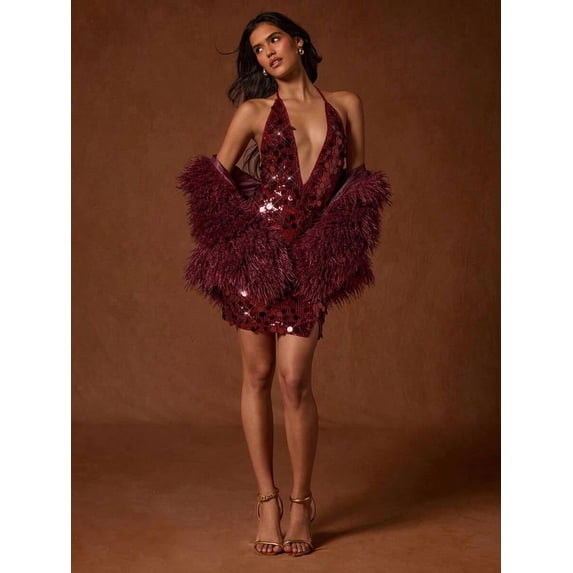 Women Burgundy Sequin Mini Dress Deep V-Neck Halter Neck Backless Party