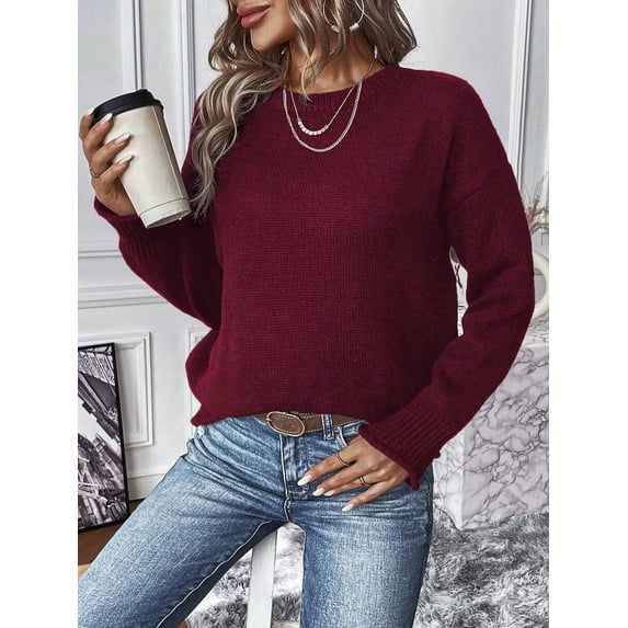 Women Burgundy Solid Knit Sweater, Long Sleeve Crew Neck Pullover Top For