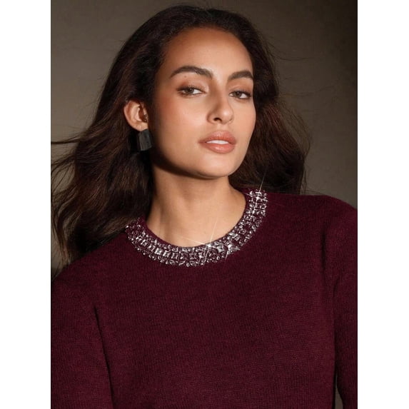 Women Burgundy Sweater With Crystal Rhinestone Collar Detail And Long