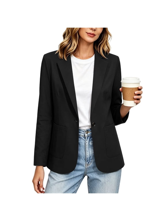 Women Business Blazer Casual Stylish Work Office Suit Jackets Long Sleeve Lapel V Neck Button Down Outwear With Pockets (L, Black)