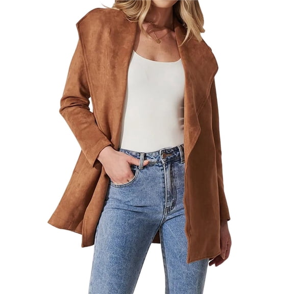 Women Business Casual Cardigan Jacket Suede Matching Belt Lapel Soft Fit Solid Light-Weight Women Coat Brown L