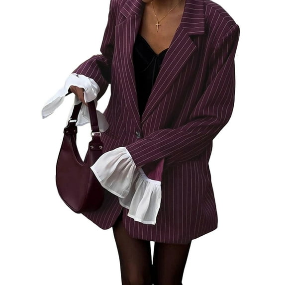 Women Business Casual Long Sleeve Lapel Open Front Suit Jacket Work Blazer with Pockets Wine Red L