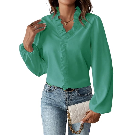 Women Business Casual Ruffle Long Sleeve Tops V Neck Shirts Work Solid Clothes Green M