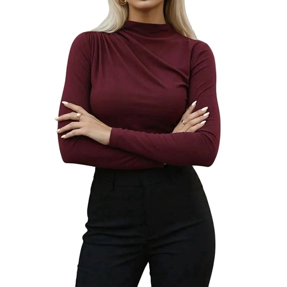 Women Business Casual Top Peplum Cinched Should Long Sleeve Blouse Wine Red XL