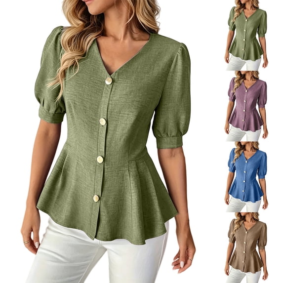 Women Business Casual Tops 2026 Summer Dressy Blouses Short Sleeve Peplum Work Shirts V Neck Office Outfit by Yigetop Blue L