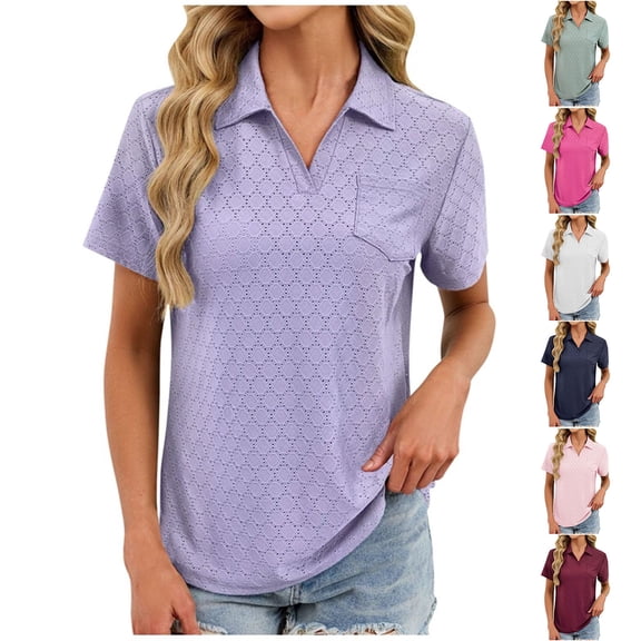 Women Business Eyelet Shirts Casual Work Lapel Short Sleeve Tshirts Office Comfy Texture Blouses Loose Fit Soft Solid Color Tops