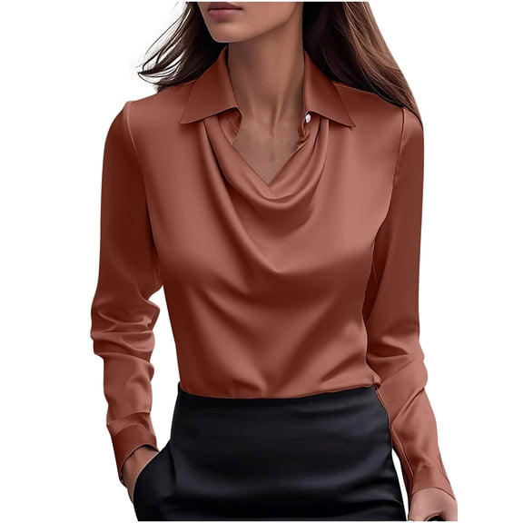 Women Business Satin Silk Shirts Work Casual Long Sleeve V Neck Solid Color Tshirts Loose Comfy Soft Spring Fall Pullover Tops