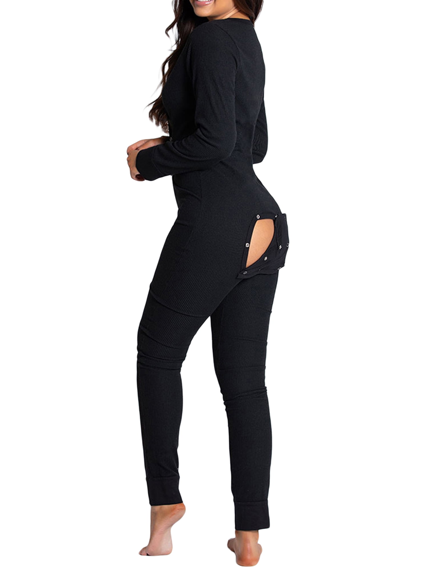 Women Butt Flap Pajamas Button Down Front Buttoned Flap Adults