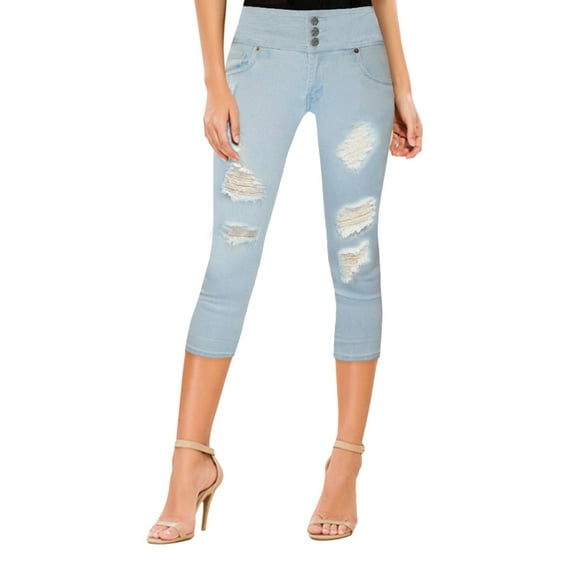 Women Butt Lift 3 Button High Wide Waist Capri