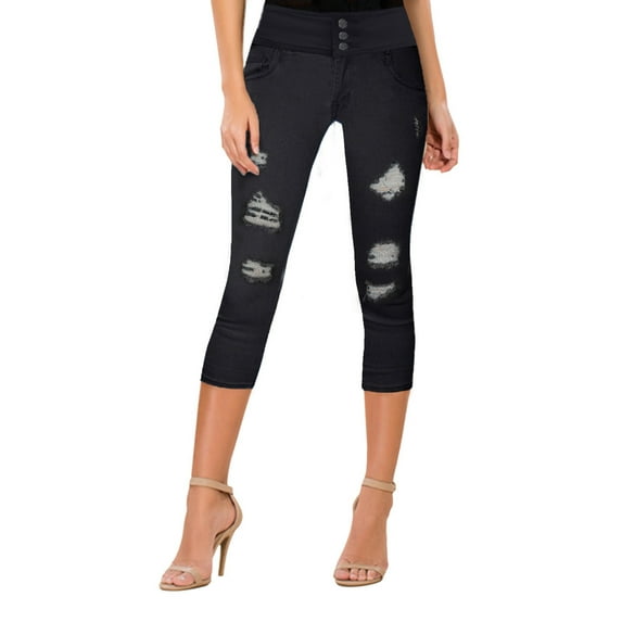 Women Butt Lift 3 Button High Wide Waist Capri