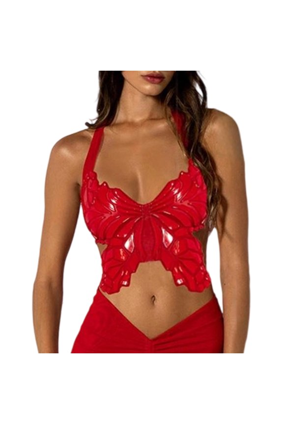 Women Butterfly Crop Top Halters V Neck Backless Tanks Low Cut Vest Spaghetti Straps Tube Cami Camisole Tanks