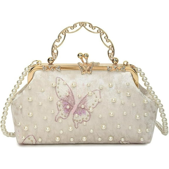 Women Butterfly Embroidery Clutch Purse Pearl Evening Handbag with Chain Top Handle Party Wedding Evening Clutch
