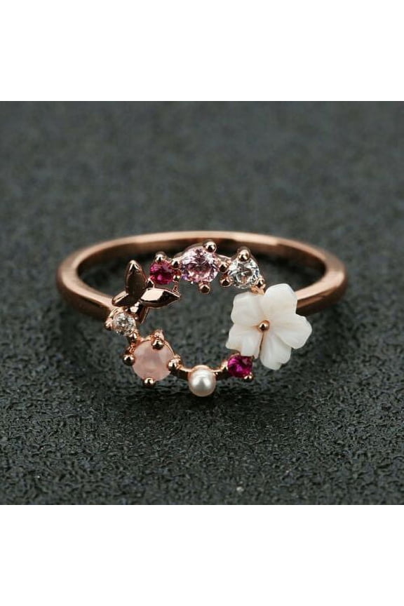 Women Butterfly Flowers Crystal Rose Gold Zircon Finger Wedding Rings