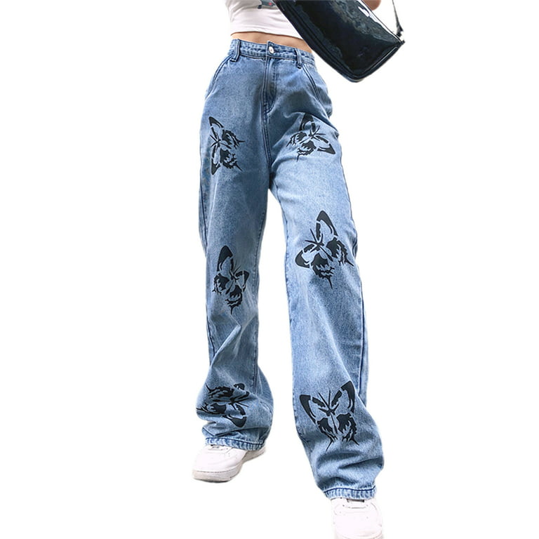 Women High Waisted Fashion Butterfly Print Jeans Wide Leg Vintage
