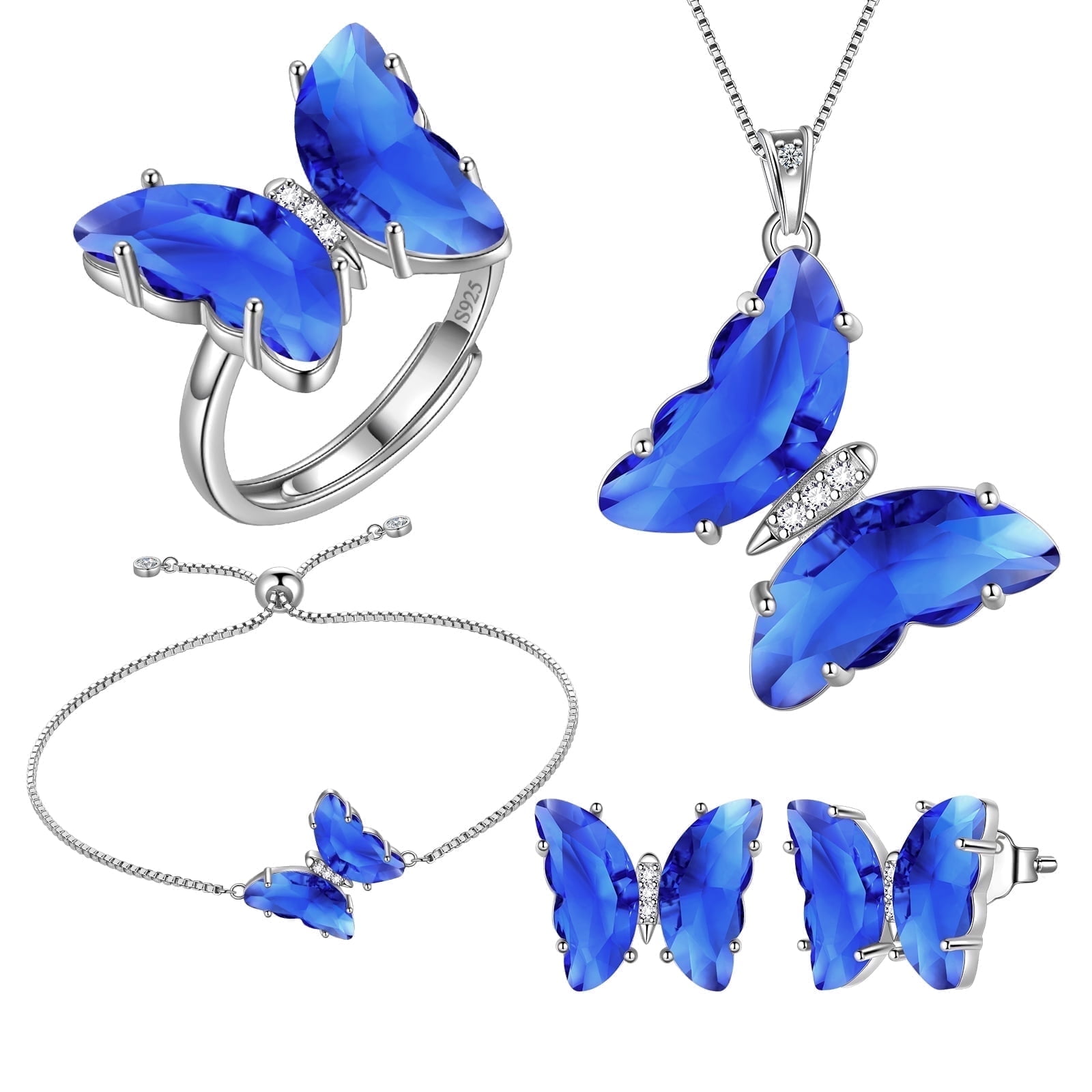 Blue Butterfly Jewelry Sets 5PCS,Necklace Earrings Bracelet Ring September Birthstone Jewelry Set Sapphire Crystal Sterling Silver Women Mother's Day Gift
