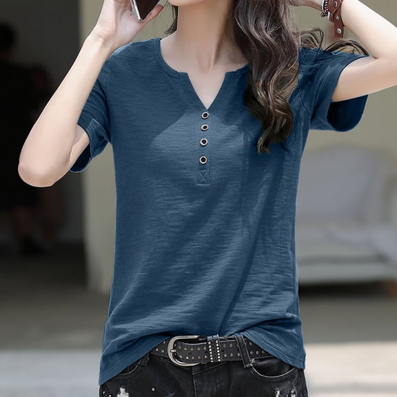 Women Button Casual Daily Shirts V Neck Short Sleeve T Shirt Tee Tops Tunic Slim Blouse T Neck Tops for Women Womens Hiking Dark Tee Casual Workout Tops Women Tan Raglan Shirt Women Exercise Tops