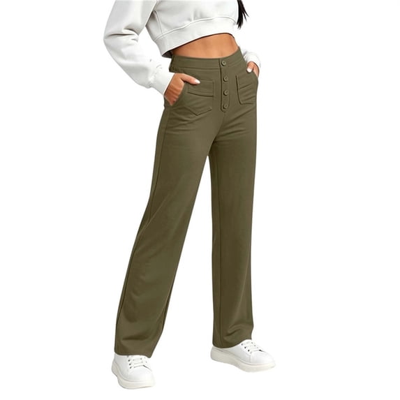 Women Button Decor Elastic High Waist Wide Leg Pants, Loose Casual Solid Trousers, Daily Street Lounge Pants with Side Pockets Army Green M(M)