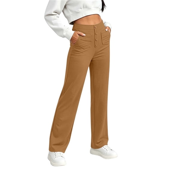 Women Button Decor Elastic High Waist Wide Leg Pants, Loose Casual Solid Trousers, Daily Street Lounge Pants with Side Pockets Khaki L(L)