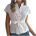 thumbnail image 1 of Women Button Down Blouse Trendy 2025 Summer Short Sleeve Peplum Solid Color Work Business T Shirt with Drwastring, 1 of 9