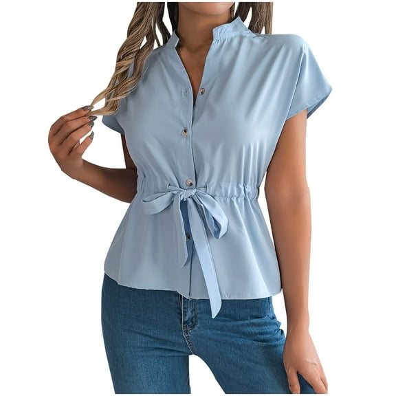 Women Button Down Blouse Trendy 2025 Summer Short Sleeve Peplum Solid Color Work Business T Shirt with Drwastring