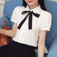 thumbnail image 1 of Women Button Down Blouses Peter Pan Collar Bow-tie Accordion Pleats Shirts Semi Formal White Shirts Office Lady Work Top, Short Sleeve S, 1 of 9